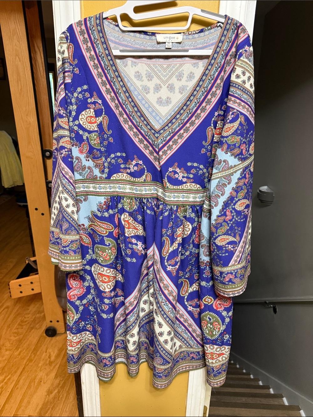 Umgee 1XL Boho Paisley Babydoll Dress Blue Purple Long Sleeve Tunic Mini Dress
